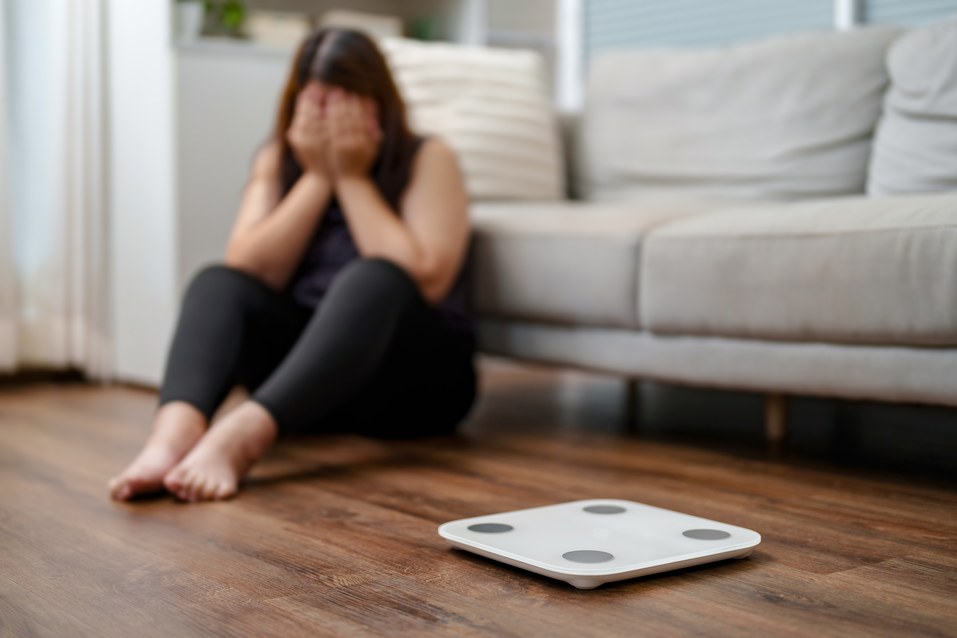 Depressed sadness  woman failure in weight loss.